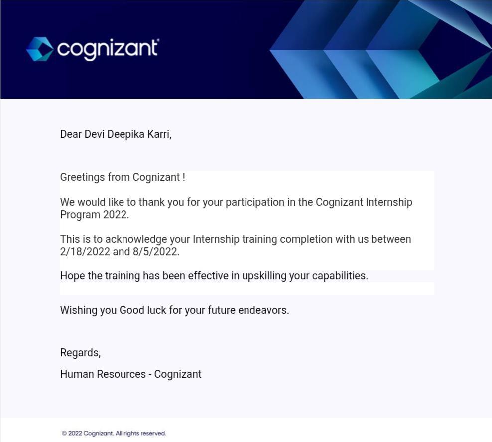 Cognizant Internship letter